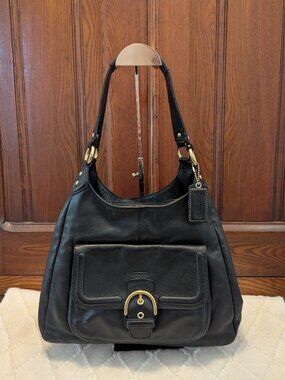 Coach Campbell F24686 Black Leather Hobo Shoulder Bag Purse Gold Buckle Handbag